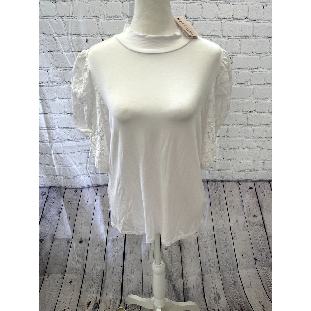 Philosophy Republic Clothing White Lace Puff Sleeve Mock Neck Top Large NEW